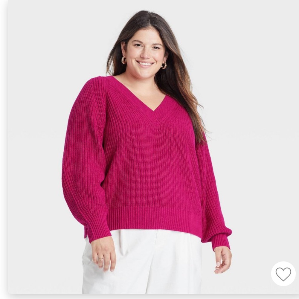 Hot Pink V Neck Pullover Sweater